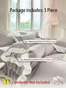 3pcs Set Grey Ruffled Soft & Breathable Duvet Cover Set (1 Duvet Cover + 2 Pillow Shams), Suitable For Bedroom, Guest Room - Grey - View 4