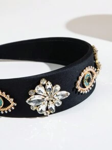 1 件复古奢华宝石和人造珍珠装饰头带发饰、发带、发箍头带、黑色、头饰 - 黑色 - 查看 3