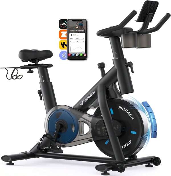 MERACH Bicicleta estática MERACH con resistencia magnética, freno silencioso, monitor LCD mejorado, soporte para pesas, soporte para tableta y aplicación propia. Hasta 122 kg.