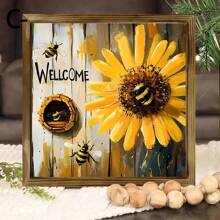 1 st. Rustiek Welkomstbord Met Gele Bloemen En Bijen - Houten Frame, Multifunctionele Seizoensdecoratie, Gemakkelijk Op Te Hangen Huisdecoratie, Lentedecoratie, Paasdecoratie, De Beste Cadeaukeuze Voor Vrienden