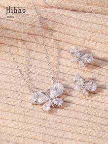 Hihho 3 件套奢华银锆石泪珠项链和耳环首饰套装，优雅时尚的礼物，适合日常佩戴 - 銀色 - 查看 1