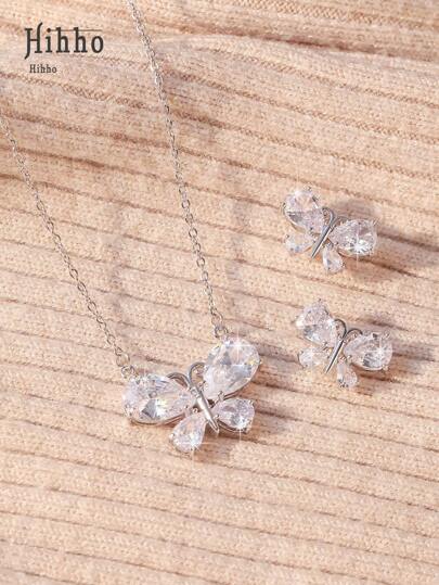 Hihho 3 件套奢华银锆石泪珠项链和耳环首饰套装，优雅时尚的礼物，适合日常佩戴
