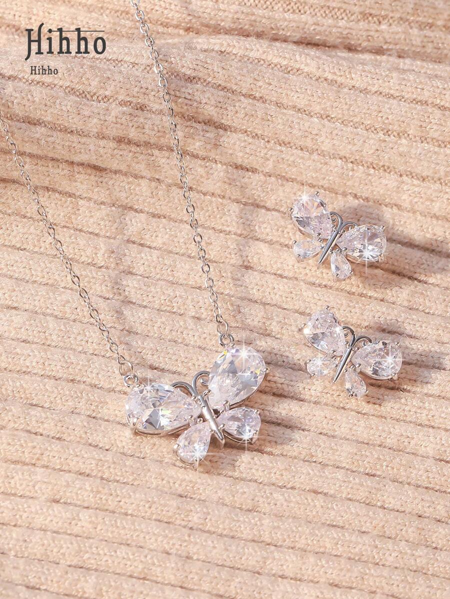 Hihho 3 件套奢华银锆石泪珠项链和耳环首饰套装，优雅时尚的礼物，适合日常佩戴 - 銀色 - 查看 1