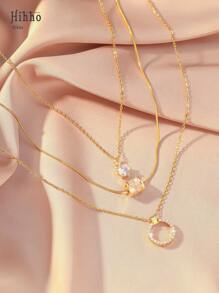 Hihho 3 件套优雅女士项链，锆石镶嵌腰吊坠和圆形 O 形设计，创意个性化奢华珠宝礼物 - 金黃色 - 查看 2