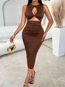 abyoxi Solid Color Sexy Front Hollowed Twist Pleated Slim Fit Midi Bodycon Dress Casual Commute Fashionable Hot Girl Style Homecoming Spring And Summer New Women's Clothing