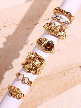 7pcs/Set Fashionable Luxury Personalized Elegant Exquisite Multicolor Rhinestone Geometric Metal Ring Set For Women, Daily Accessories