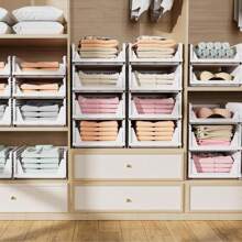 5 Pack Folding Closet Organizers Storage Box, Stackable Storage Bins, Plastic Drawer Basket Closet Storage For Wardrobe Cupboard Kitchen Bathroom Office White-5L