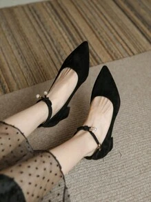 Black Dress Pearls Mid Heel Pumps For Women, French Style Elegant Formal Shoes Suitable For Skirts, Spring