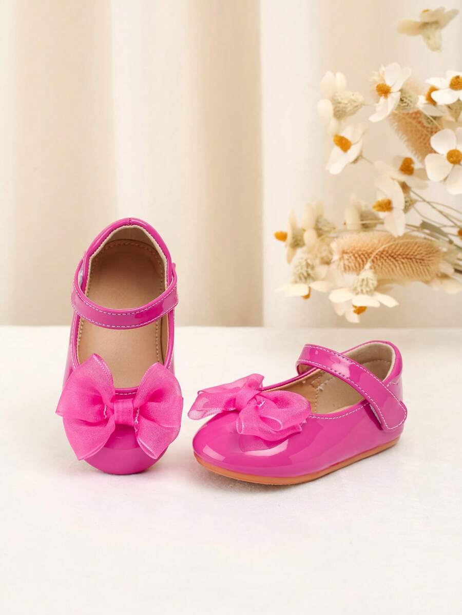 1 Pair Girls Princess Flats, Comfortable PU Material Ribbon Decor Cute Outdoor Shoes - Hot Pink - View 1