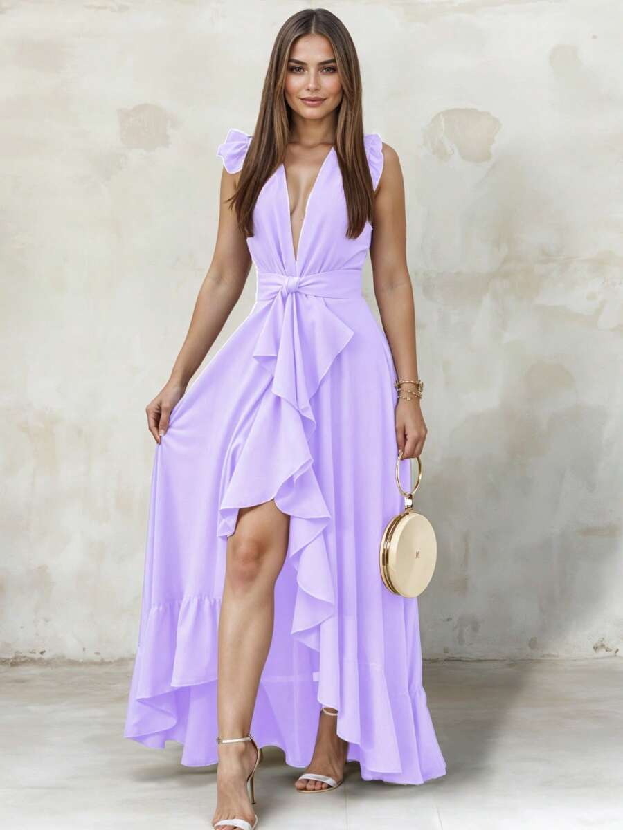 Women's Elegant Off Shoulder Deep V Neck Ruffle Leg Slit Maxi Dress - Lilac Purple - View 1
