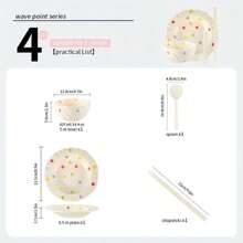 4 Stücke Keramik-Essservice, hochwertig, süßer Stil, ideal zum Fotografieren, beinhaltet Reisschale, Teller, Löffel, Essstäbchen, geeignet für 1 Person - Verschiedenfarbig - Übersicht 7