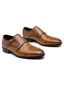 SHOESMALL Men's Dress Loafers Leather Double Monk Strap Oxford Slip On Cap Toe Dress Brown Shoes For Men - AMY9028-nâu - Xem 8