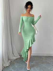 abyoxi Solid Color Sexy Off Shoulder Long Sleeve Ruched Ruffle Asymmetric Hem Bodycon Dress, Casual, Simple, Elegant, Fantasy, Party, Autumn And Winter New Women's Clothing