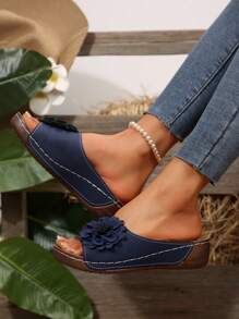 女士厚底坡跟厚底拖鞋，防水防滑户外服装，夏季花卉装饰凉鞋，超轻露趾 - 藍色 - 查看 2