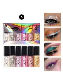 6件套迷你闪光液体眼影和眼线笔套装，彩色钻石闪亮玫瑰金银色液体闪光，防晕染，提亮，便携，专业级，适合派对、户外、阳光下妆容 - 彩色 - 查看 3