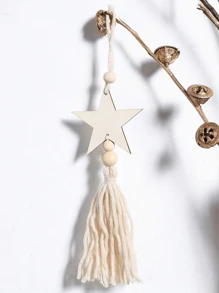 1 pieza de rebanada de madera decoración hecha a mano con estrella y luna de borlas, cuentas de madera para decoración del hogar, decoración de Ramadán