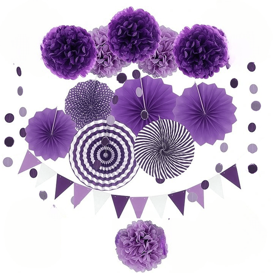 Party Decoration, Purple And Lavender Hanging Paper Fans, Pom Poms Flowers, Garlands String Polka Dot And Triangle Bunting Flags For Birthday Parties, Wedding, Anniversary, Mermaid Party, Paper Flowers, Purple Pom Poms, Butterfly Decorations For Birthday