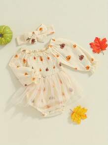 Baby Girl Halloween Outfits Long Sleeve Pumpkin Smocked Bodysuit Dress With Headband Set Bubble Romper Infant Clothes - Apricot - View 2