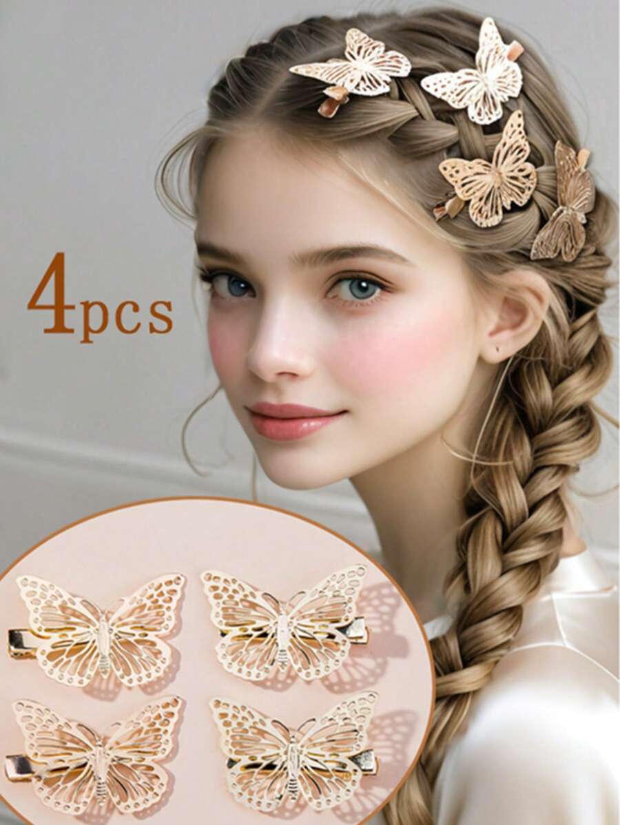 4pcs Metal Butterfly Hair Clips, Gold Butterfly Decor Hair Accessories Suitable For Daily Life Or Vacation