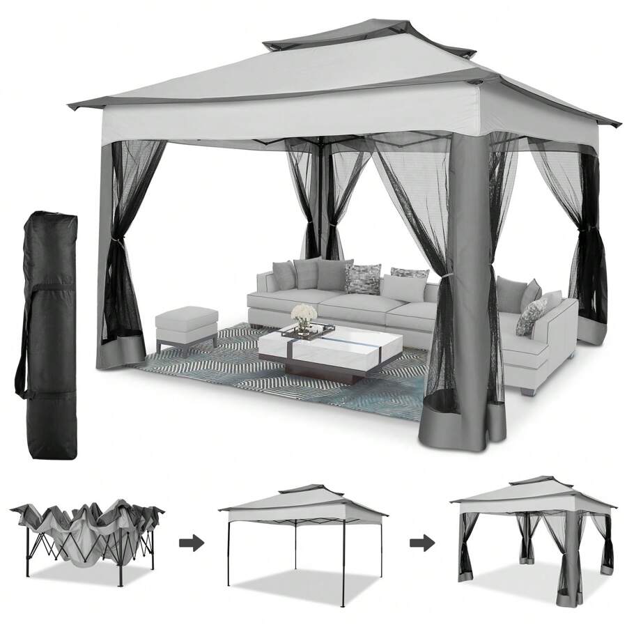 tooluck Pop-Up Gazebo Tent Simple Outdoor Gazebo Waterproof Upgrade Portable Gazebo With Mosquito Net Double Ventilated Roof And Carrying Bag For Yard Garden ﻿ - 灰色 - 查看 1