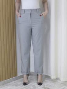 Women's Refreshing Plain Tailored Trousers With Button - Maxma 6631 - Light Grey - View 2