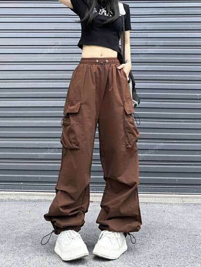 Vintage Plain Color Cargo Pants With Pockets, Casual
