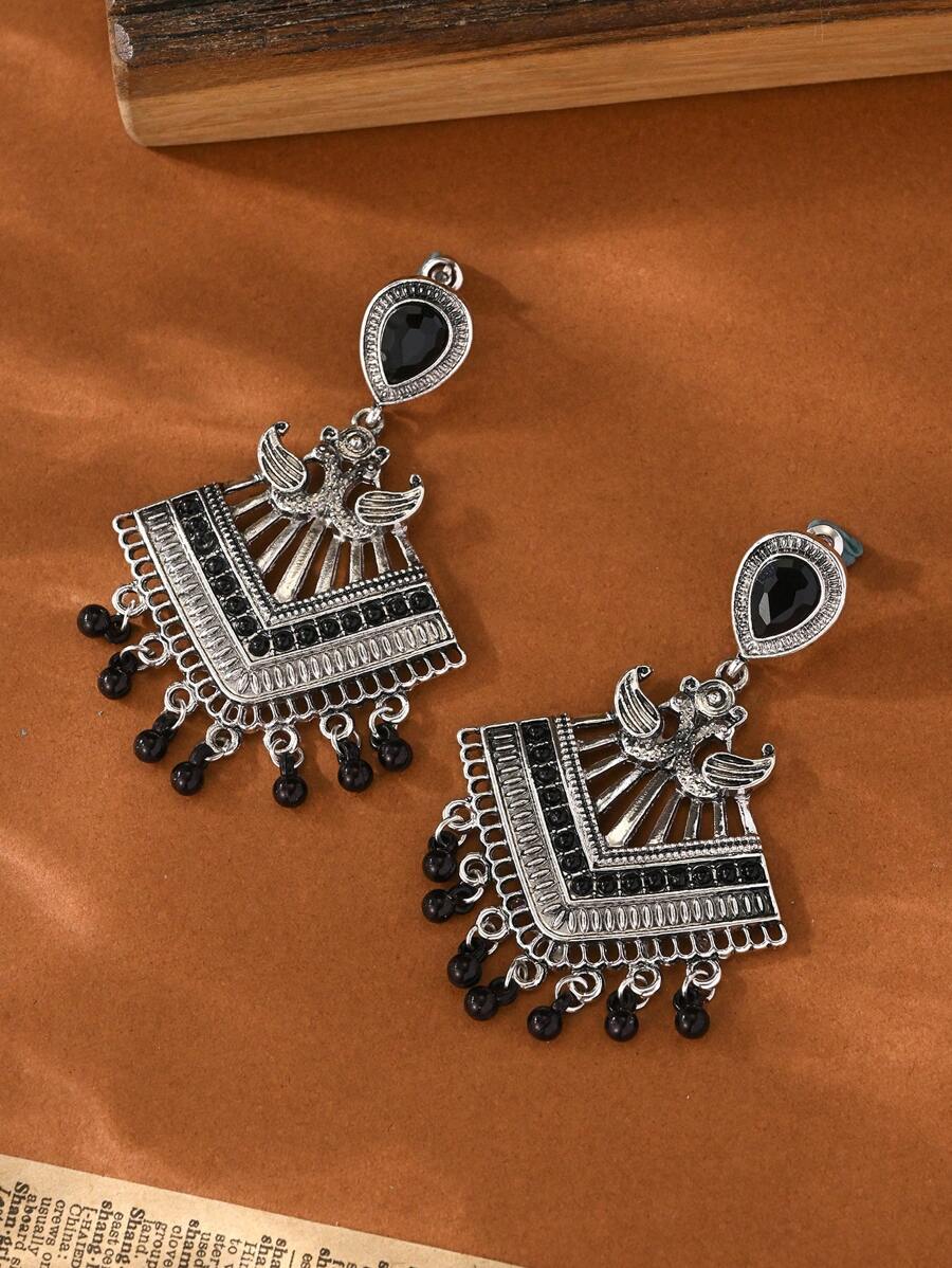 1 对优雅波西米亚风格复古流苏铃铛方形吊坠耳环适合女性日常或派对佩戴 - 吊墜 - 查看 1