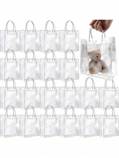 20pcs Large Clear Gift Bags With Handles, Heavy Duty Reusable Clear PVC Gift Bags With Handles, Party, Wedding Favors, Shopping Bags Transparent Gift Bags, Valentine's Day Gift Packaging Bags, Wedding Party Gift Bags, Flower Bags, Mother's Day Gifts,Gift,Bridal Shower,Graduation Season Gifts(7.87" X 7.87" X 3.15")