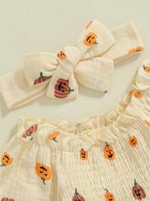 Baby Girl Halloween Outfits Long Sleeve Pumpkin Smocked Bodysuit Dress With Headband Set Bubble Romper Infant Clothes - Apricot - View 4