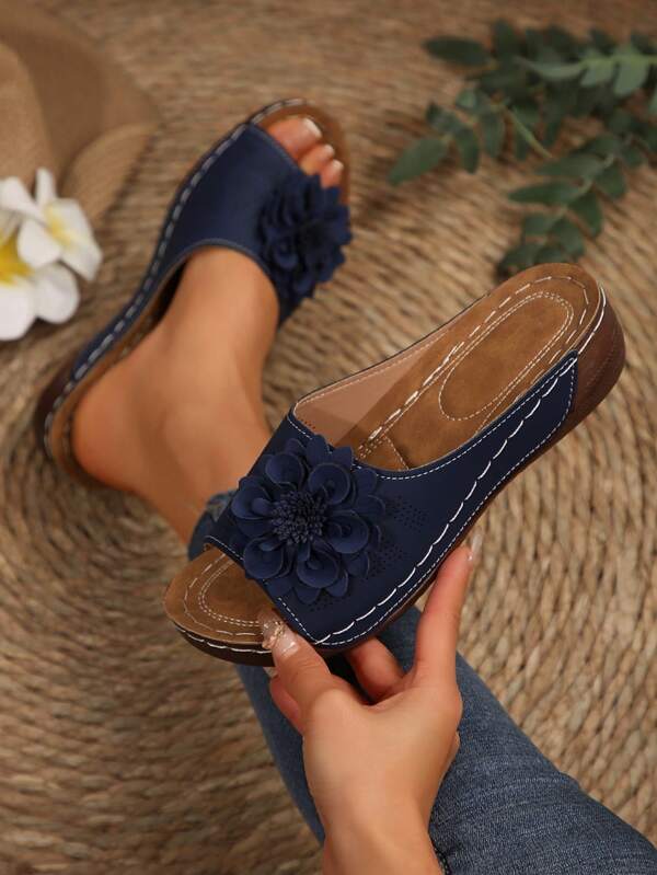 Women's Thick Bottom Wedge Platform Slippers, Waterproof Non-Slip Outdoor Wear, Summer Floral Decor Sandals, Super Light Open Toe