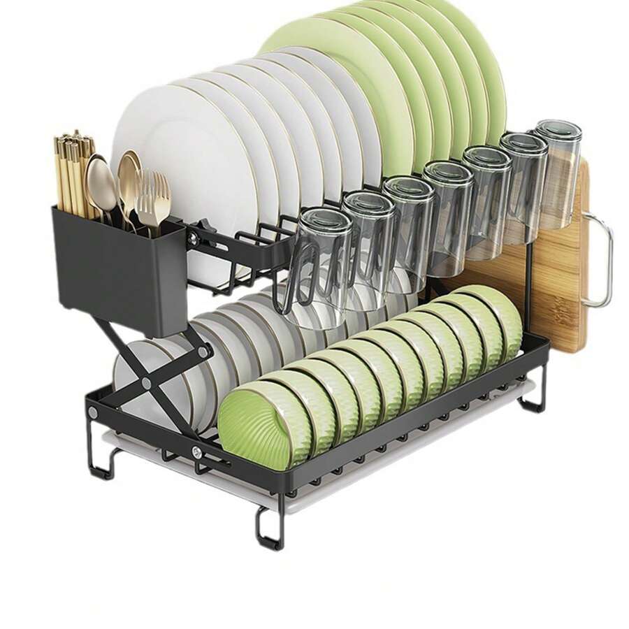 Dish Drainer Rack, Foldable 2 Tier Sink Drainer Rackwith Drip Tray, Large Capacity Dish Drainer Organizer Shelf With Utensil Holder, Cup Rack For Kitchen - Negro - Ver 1