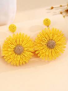 Tropiscape 1 Pair Bohemian Style Handmade Woven Raffia Straw Round Sunflower Pendant Earrings Autumn Christmas Christmas Winter Christmas Gifts