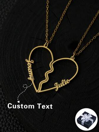 1 Pair Personalized Heart Shape Couples Necklace, Customized With 1-2 Names, Stainless Steel Gold Or Silver Color, Ideal Gift For Girlfriend, Mom, Family, Friends, Daughter, Her, Grandparents, Anniversary, Birthday, Daily Wear, Prom, Mother's Day, Valentine's Day, Graduation, Wedding