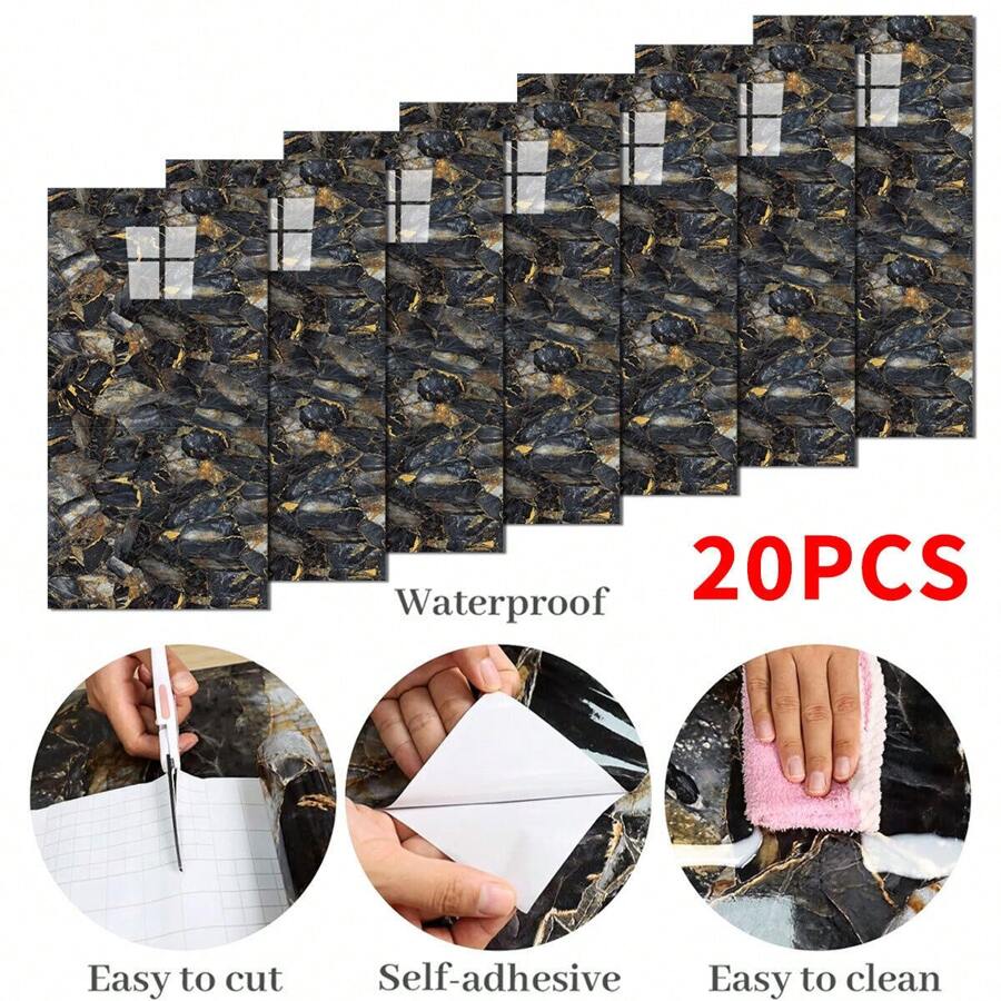 20PCS Self-Adhesive Black Marble PVC Cladding Wall Panels For Kitchen Bathroom Carnival Home Sticker - Óxido marrón - Ver 1