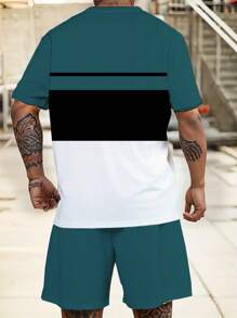 大码男士格子印花“国王”图案运动服套装 - 涤纶针织面料，圆领设计，带抽绳短裤，口袋细节，常规款式，适合大码 - 彩色 - 查看 2
