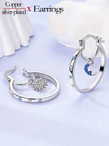 1 对防过敏镀银或铂金优雅不对称环状耳环，带星星、月亮、四叶草、马蹄形饰物和闪亮锆石，适合日常、宴会和派对佩戴 - 銀色 - 查看 11