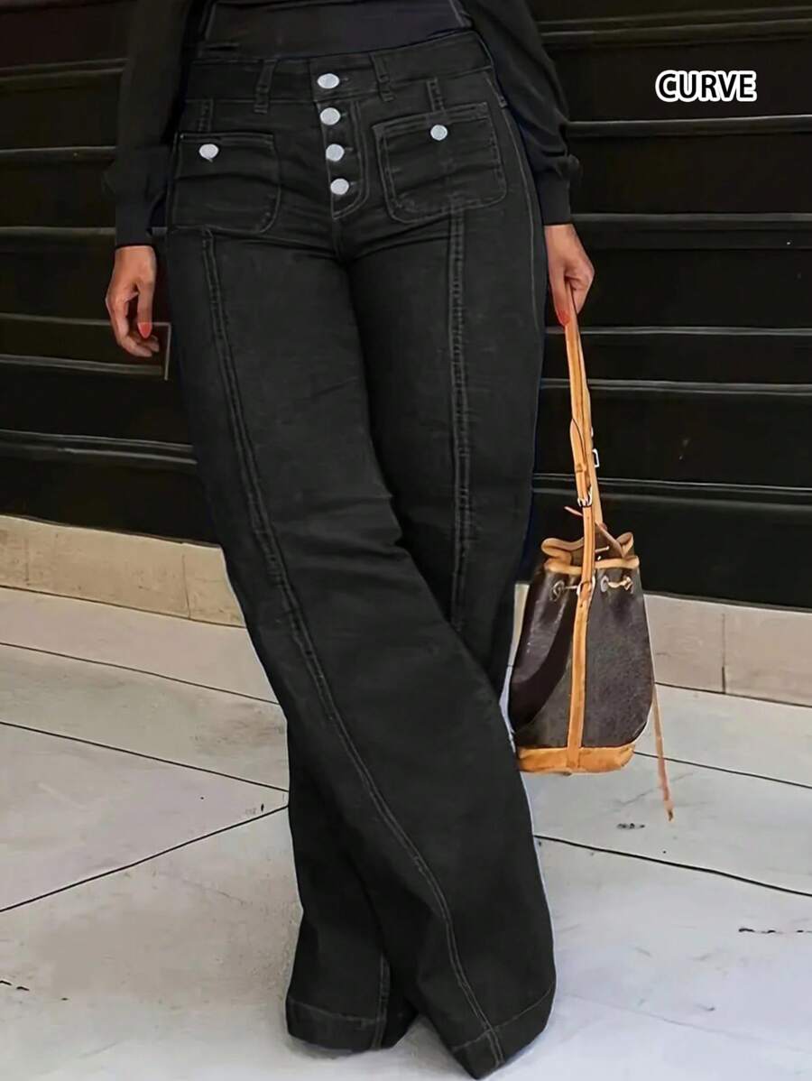 Plus-Size Women's Autumn Clothing, Everyday Casual Pants With Pockets, Buttons, Stretch, Flared, Denim, Long Pants - Black - View 1
