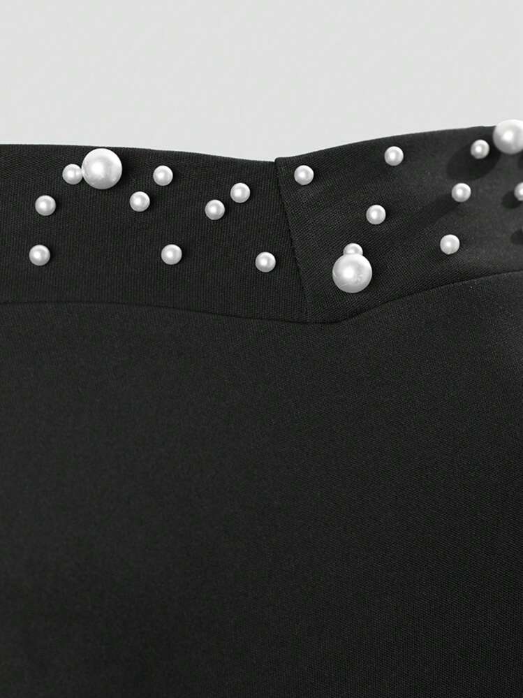 ChicMe Open Shoulder Beaded Ruffle Hem Fitted Mid-Length Dress, Sexy Party Elegant Fashion Black Summer - Black - View 6