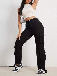 Women's Street Y2K Style High Waisted Wide Leg Jeans With Flip Pocket Work Pants, Women's Retro Streetwear And Clothing - 黑色 - 查看 3