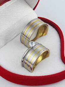 Pair Of Brushed Silver Wedding Rings, Inner Part And Wide Gold Stripes, Comes With Solitaire Ring And Box - 銀色 - 查看 3
