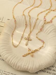3 Pcs Pink Zirconia Crystal Decor Cross Necklaces Set For Women Beads Necklaces , Women Y Chain Necklaces Set