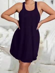 3pcs/Set Plus Size Women Basic Casual Dress Set, Loose Round Neck Solid Color Tank Nightgown, Suitable For Spring, Summer, All Seasons, Moo Moo - Multicolor - View 5