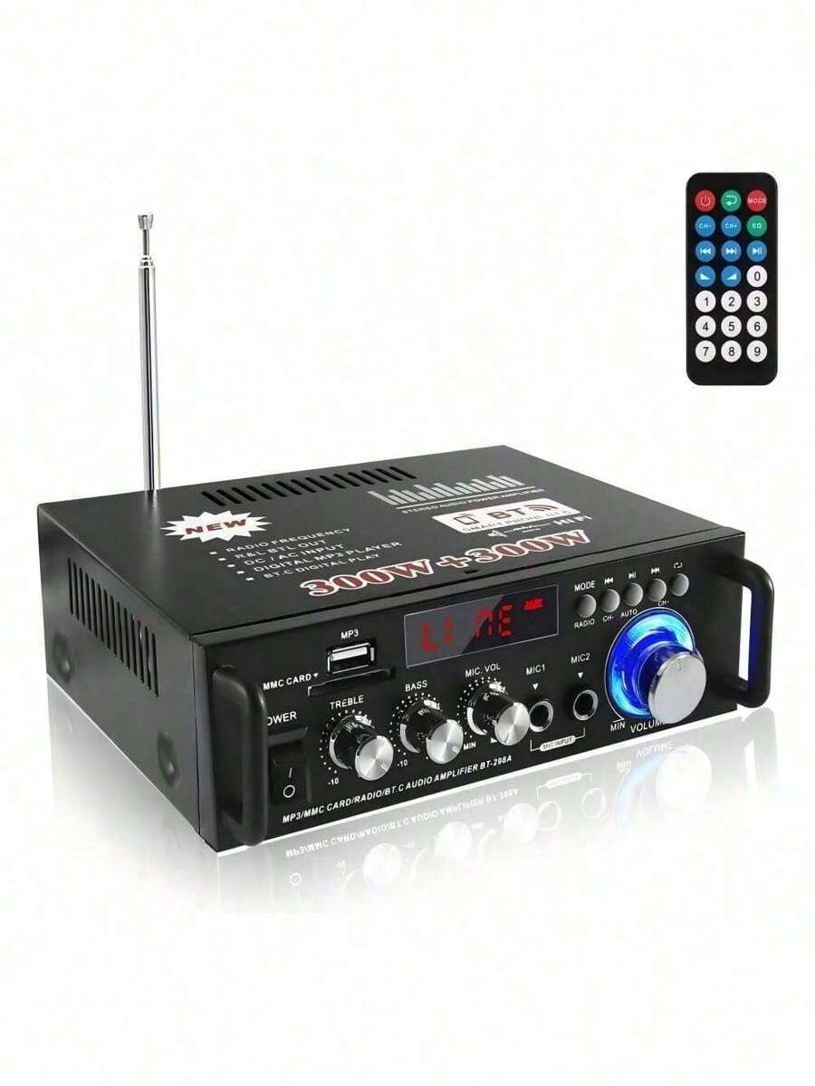 Amplificador de potencia estéreo de audio HIFI con Bluetooth 5.0,  radio FM compatible con Bluetooth y control remoto, BT-298A, 2 canales, pantalla LCD, 300 W + 300 W Hifi  Para Casa - Tipo de Enchufe A USA (110-127V) - Ver 1