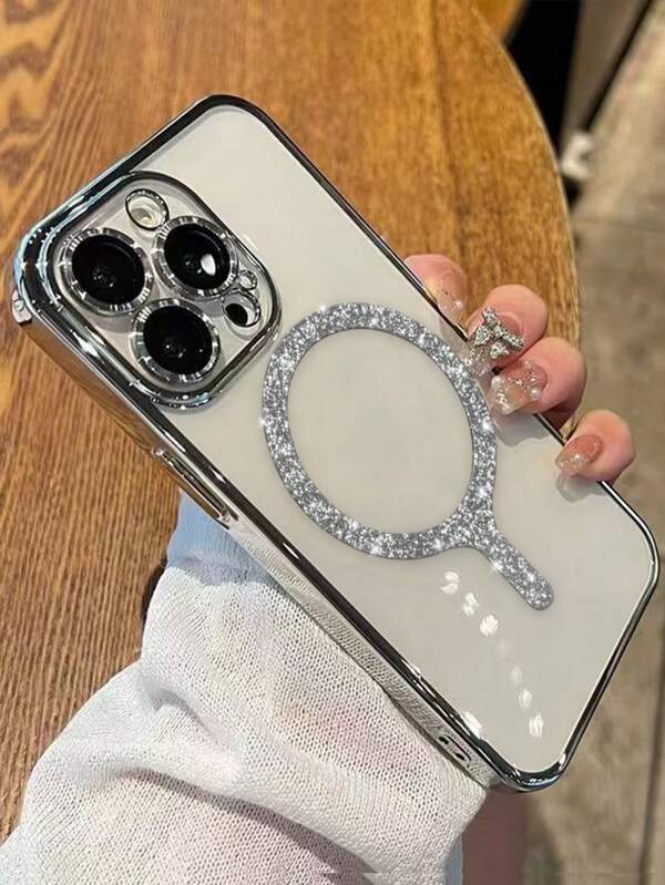 1pc Electroplated Transparent Shockproof Silicone Phone Case With Shiny Magnetic Ring, TPU Material Compatible With IP/15 Pro Max/16 Pro Max/16 Pro/11/12/13/14 Pro Max/14 Pro/13 Pro Max/IP16, Supports Wireless Charging