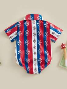 Mono de bebé estilo western, body de manga corta con estampado gráfico y solapa abotonada, ropa para recién nacidos - Rojo - Ver 3
