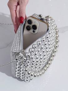 Sparkling Pearl Handbag Evening Bag, Elaborate Crafted Elegant Clutch Purse, Glamorous Sweet For Makeup, Party, Formal Occasions - Silver - View 6