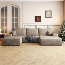 LUCKHAO 107"Cloud Sectional Sofa With 1 Ottoman,Modern Minimalist Upholstered Couches,Comfort U Shaped Sofa For Living Room,Deep Seat Corner Couch,No Assembly Required (Plush Corduroy Fabric) - 右向躺椅+2人座(駝色) - 查看 1