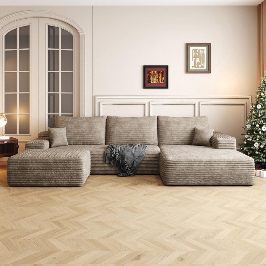 LUCKHAO 107"Cloud Sectional Sofa With 1 Ottoman,Modern Minimalist Upholstered Couches,Comfort U Shaped Sofa For Living Room,Deep Seat Corner Couch,No Assembly Required (Plush Corduroy Fabric) - 右向躺椅+2人座(駝色) - 查看 1