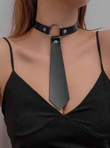 Black PU Leather Collar Faux Necktie Design Sexy Lingerie Accessories Holiday Costume Wear Accessories