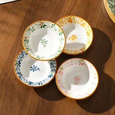 4 件/8 件套陶瓷蘸酱碟，3.8 英寸釉下彩陶瓷盘，花卉图案，酱油、醋、香料碟、寿司盘、蘸酱盘，适用于家庭厨房、餐厅、学校用品